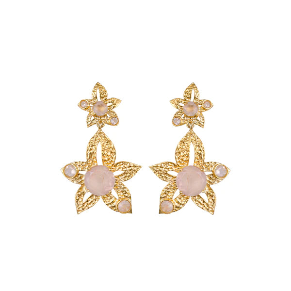 THE SHOW STEALER- ROSE QUARTZ FLOWER EARRINGSBe the star of the show, with these striking rose quartz pink gold earrings. A stunning statement piece that mixes well with any outfit.