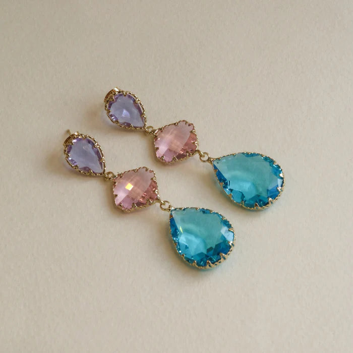 Radiant Drop Earrings - Featuring blue, lilac and pink coloured stones in a stunning drop style earrings with an added high polish gold finish. Stunning, simple, sophisticated! Pamamull.com