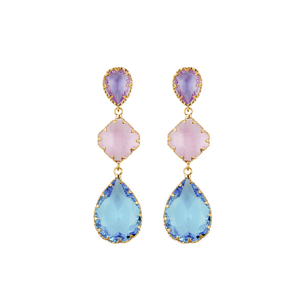 Radiant Drop Earrings - Featuring blue, lilac and pink coloured stones in a stunning drop style earrings with an added high polish gold finish. Stunning, simple, sophisticated! Pamamull.com