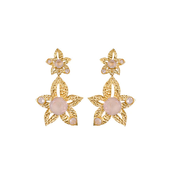 THE SHOW STEALER- ROSE QUARTZ FLOWER EARRINGSBe the star of the show, with these striking rose quartz pink gold earrings. A stunning statement piece that mixes well with any outfit.