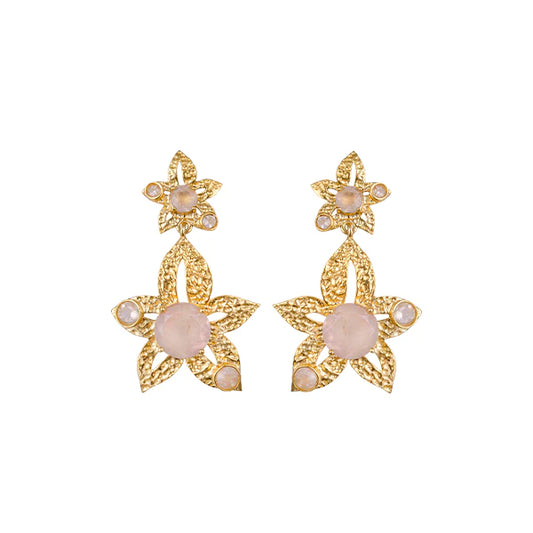 THE SHOW STEALER- ROSE QUARTZ FLOWER EARRINGSBe the star of the show, with these striking rose quartz pink gold earrings. A stunning statement piece that mixes well with any outfit.