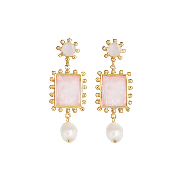 MOONSTONE DELIGHT EARRINGS - Stunning drop design that features a statement Moonstone, Rose quartz, and freshwater pearls. This is a timeless classic that is both stylish and elegant. www.thejewelled.au