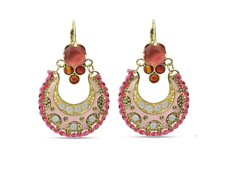 timeless Bollywood Earrings. Boasting a stunning combination of 18ct gold plated metal, glass stones and fabric detail, these earrings come in a beautiful combination of pink and gold tones. The intricate combination of crystal and fabric detail makes these earrings pop.thejewelled.au